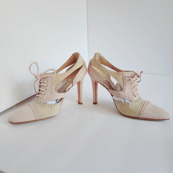 Manolo Blahnik Pink Suede Leather Lace-Up Oxford High Heels Shoes Pointy 37.5 - Picture 8 of 16